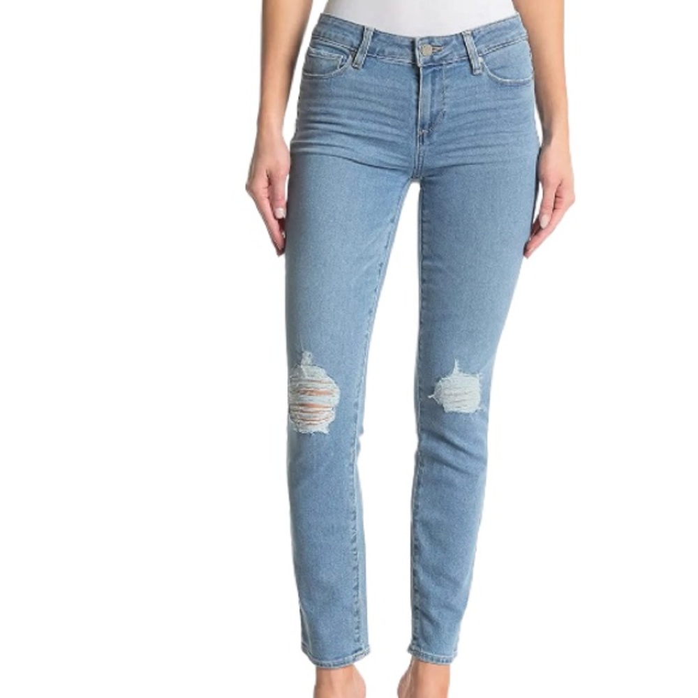 PAIGE Skyline Ankle Peg Ella Destructed Jeans, Blue, Size 28